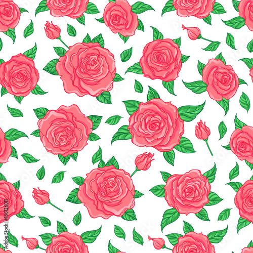 Red Roses over white background. Seamless elegant vintage floral pattern. Design for fabric, textile, wrapping paper, wallpaper, wedding concept. © vgorbash