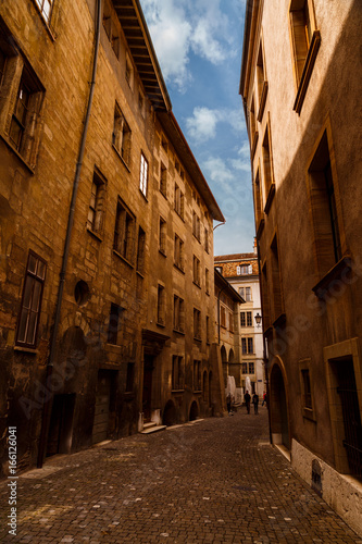 Wide angle shot of an old alleyway in Geneva, Switzerland