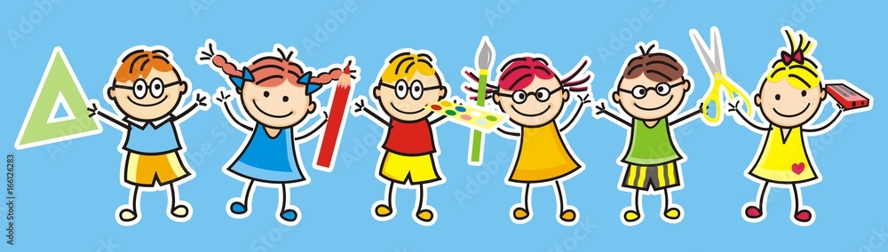 Happy kids and school supplies. Group of girls and boys. Vector icon. Happy kids and school supplies. Group of girls and boys. Vector icon.