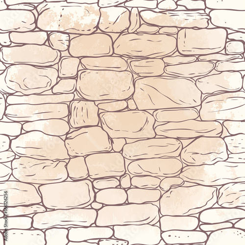 Vector hand-drawn texture of brick wall or sett (paving). Seamless pattern of paver. Urban style structured ornament in line art style. Pattern design for travel, city life.