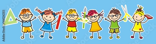 Happy kids and school supplies. Group of girls and boys. Vector icon.