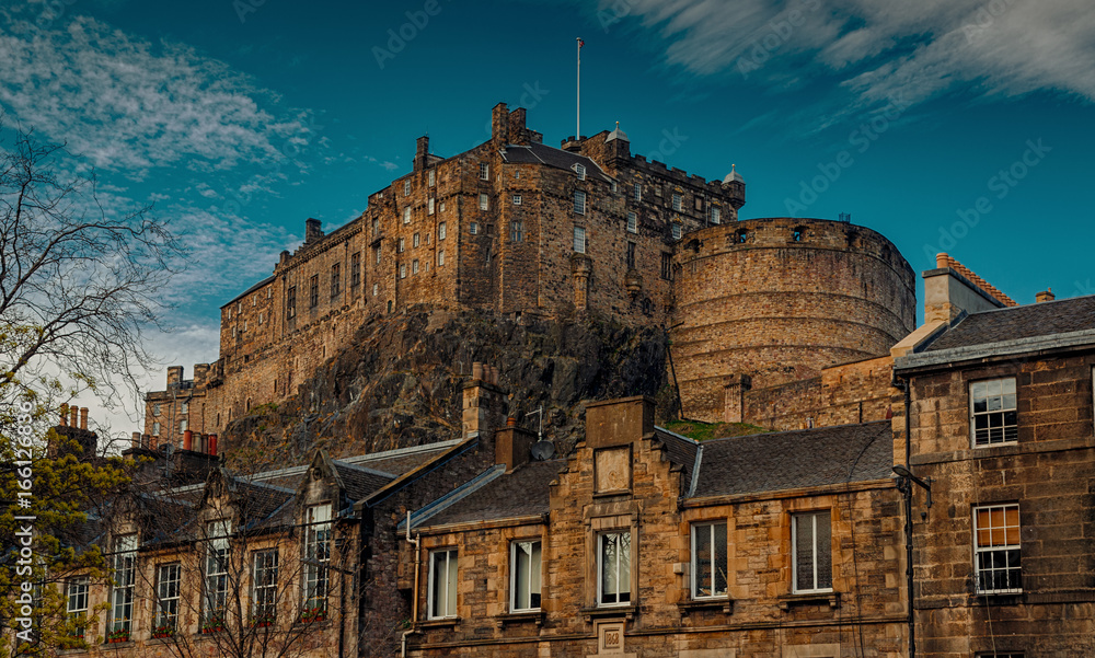 A telephoto shot of the Edinburgh Castle, Scotland, UK shot against a beautiful blue sky, Scotland, UK