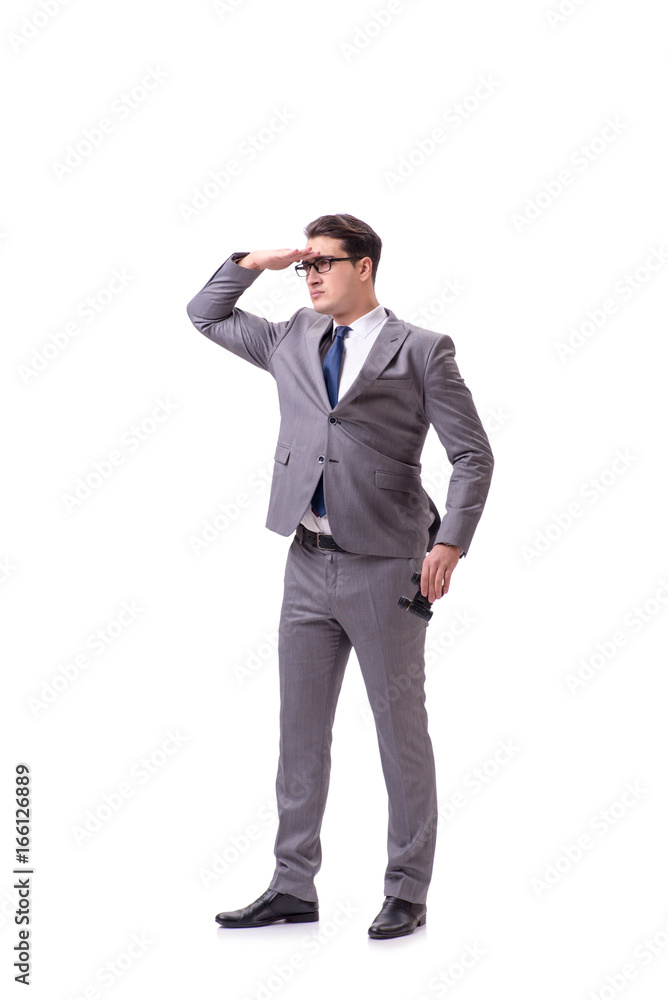 Young man with binoculars isolated on white Young man with binoculars isolated on white