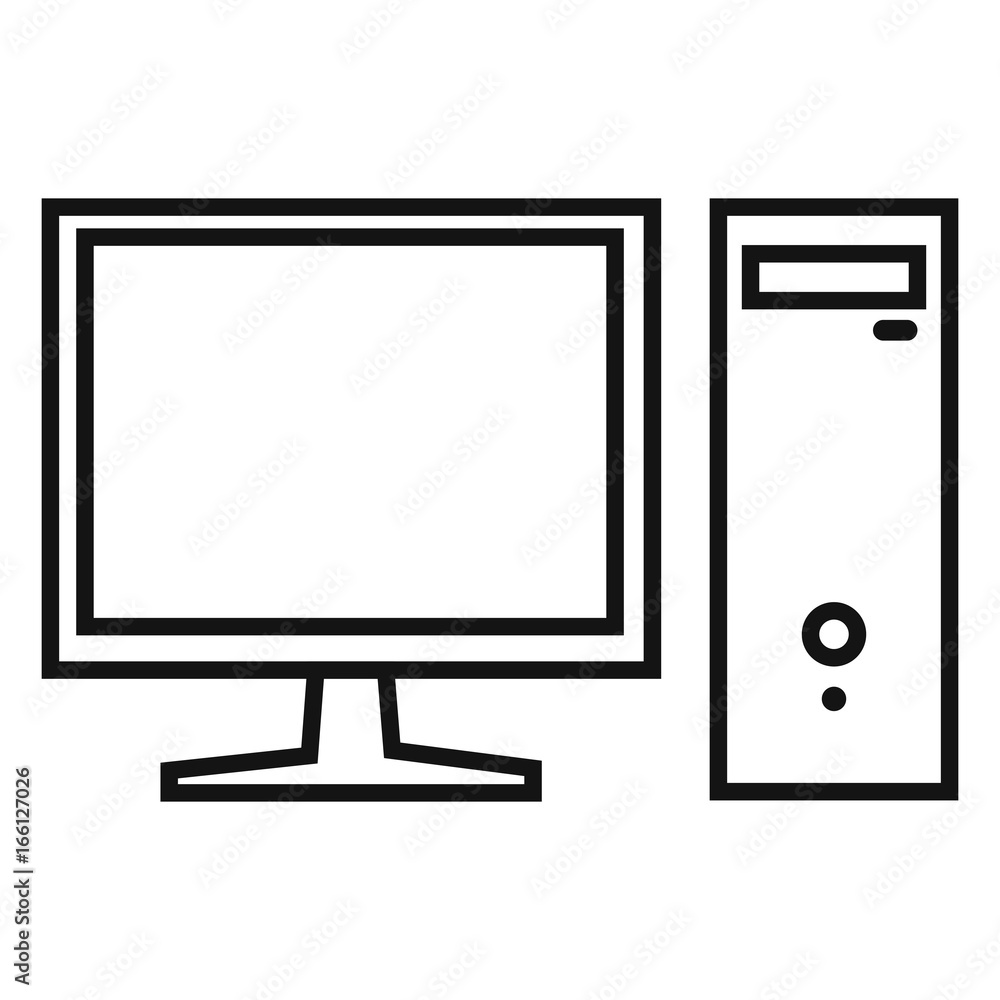 Vector Single Black Outline Icon - Monitor and System Unit Vector Single Black Outline Icon - Monitor and System Unit