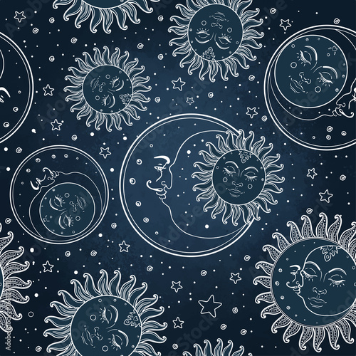Sun and moon vector seamless pattern with stars. Vintage style. Wallpaper, wr...