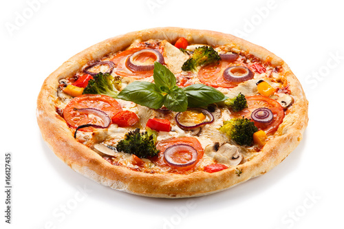 Pizza with vegetables on white background