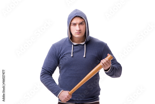 Young man hooligan with baseball bat isolated on white