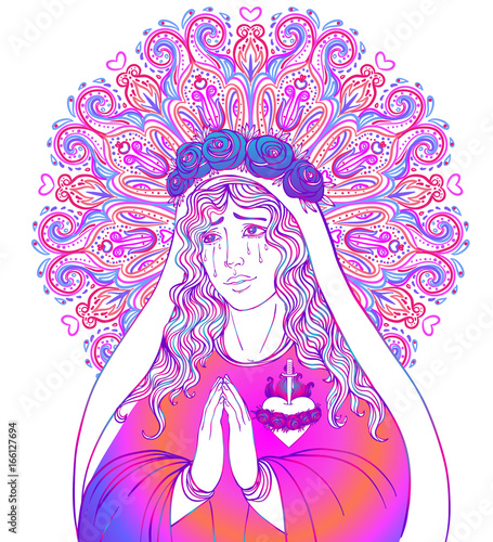 Lady of Sorrow. Devotion to the Immaculate Heart of Blessed Virgin Mary, Queen of Heaven. Vector illustration over colorful mandala isolated on white.