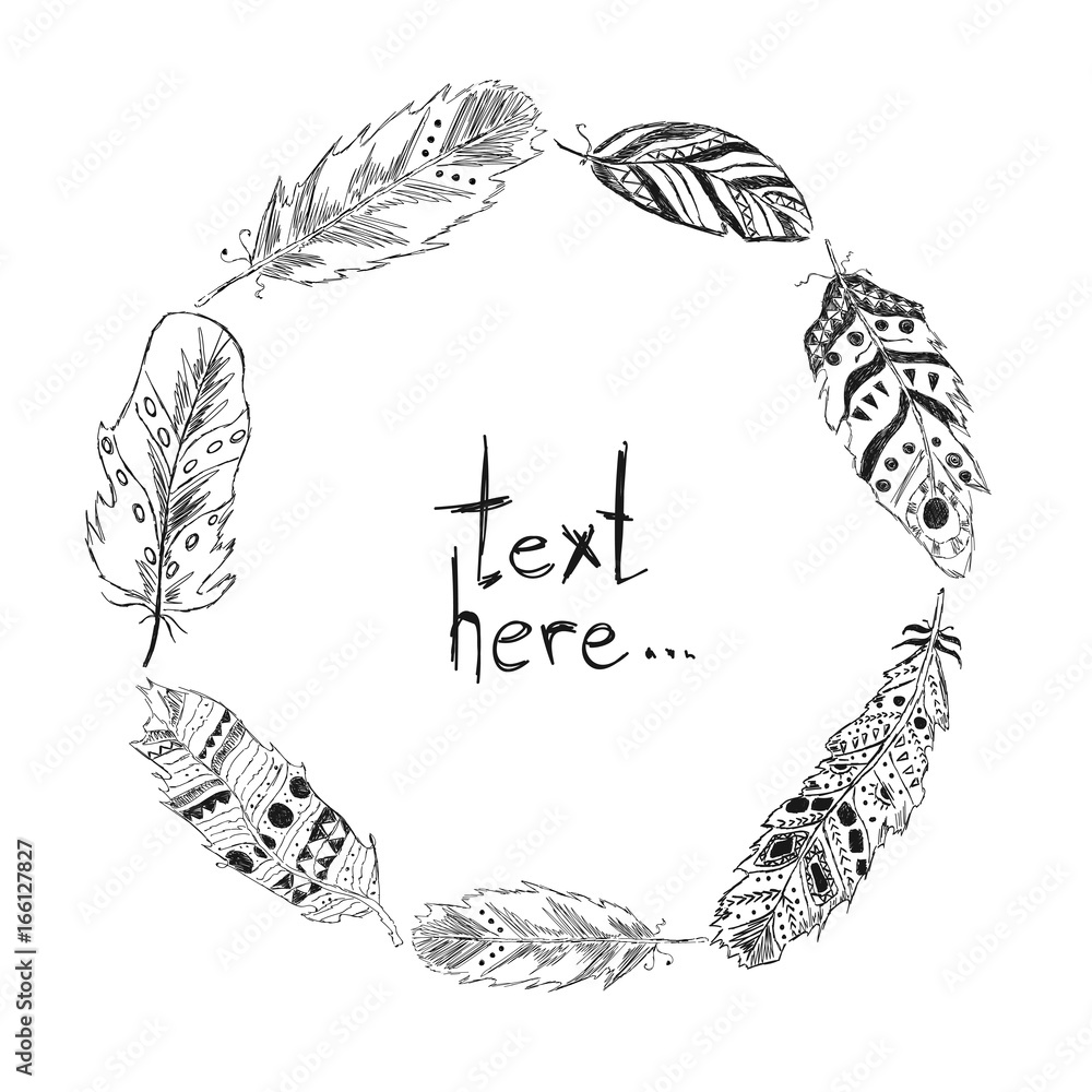 Beautiful frame with feathers in boho style in black and white colors ...