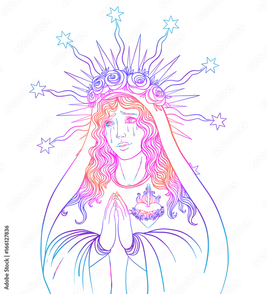 Lady of Sorrow. Devotion to the Immaculate Heart of Blessed Virgin Mary, Queen of Heaven. Vector illustration isolated on white. Lady of Sorrow. Devotion to the Immaculate Heart of Blessed Virgin Mary, Queen of Heaven. Vector illustration isolated on white.