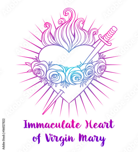 Immaculate Heart of Blessed Virgin Mary, Queen of Heaven. Vector bright colorful illustration white background. Vintage element. Religion, purity, sacrifice, spirituality, occultism.
