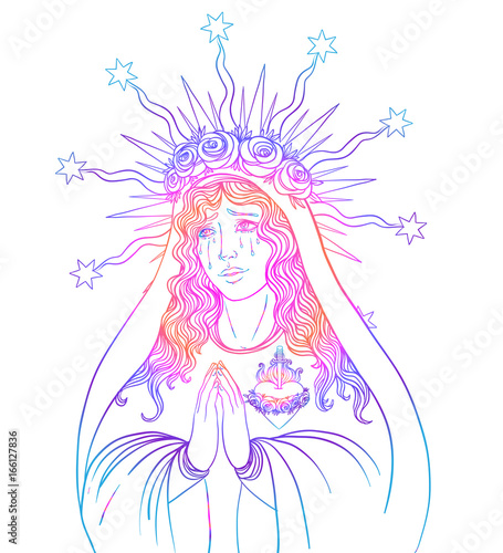 Lady of Sorrow. Devotion to the Immaculate Heart of Blessed Virgin Mary, Queen of Heaven. Vector illustration isolated on white.