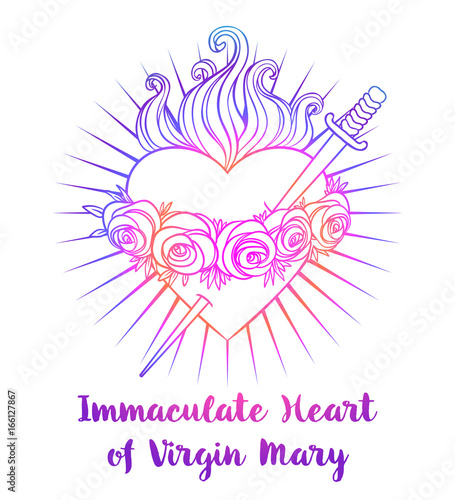 Immaculate Heart of Blessed Virgin Mary, Queen of Heaven. Vector bright colorful illustration white background. Vintage element. Religion, purity, sacrifice, spirituality, occultism.