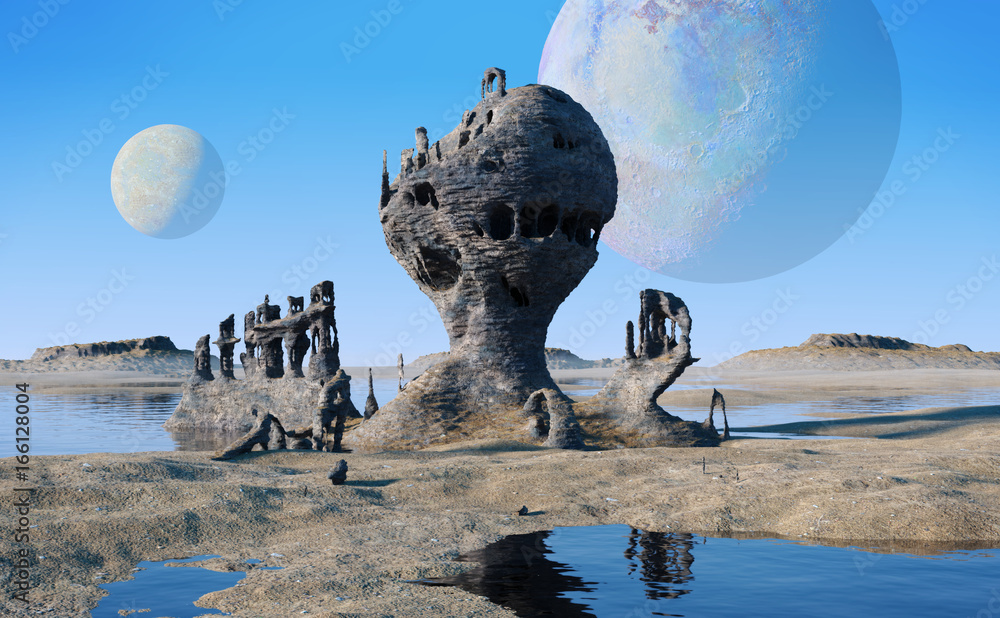 alien planet landscape with lakes and strange rock formations - obrazy, fototapety, plakaty 