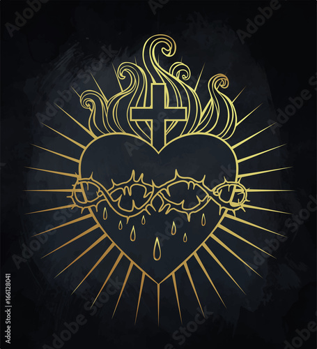 Sacred Heart of Jesus. Vector illustration in gold colors isolated on black. Trendy Vintage style element. Religion, purity, sacrifice, spirituality, occultism, alchemy, magic, love.