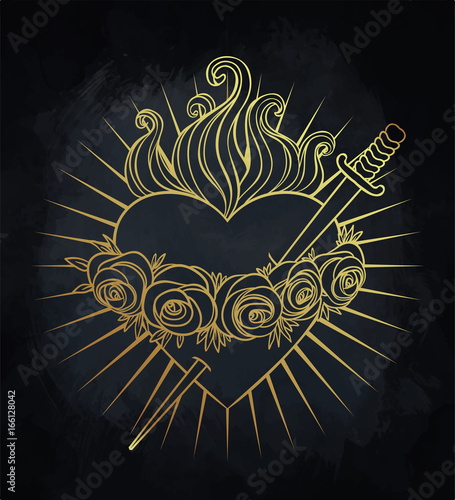 Immaculate Heart of Blessed Virgin Mary, Queen of Heaven. Vector illustration in gold and black. Vintage element. Religion, purity, sacrifice, spirituality, occultism, alchemy.