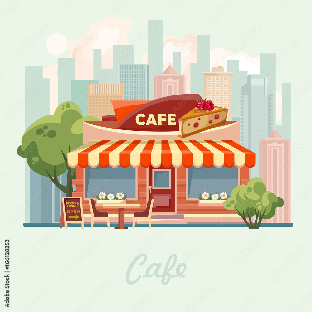 City cafe vector illustration in flat design. Urban landscape.