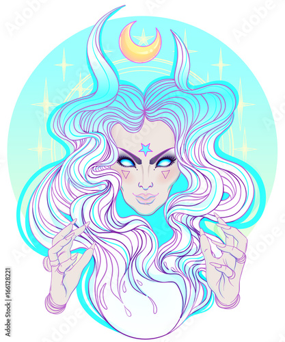Young beautiful witch. Mystic character. Alchemy, religion, spirituality, occultism, tattoo art. Isolated vector illustration. Halloween concept.