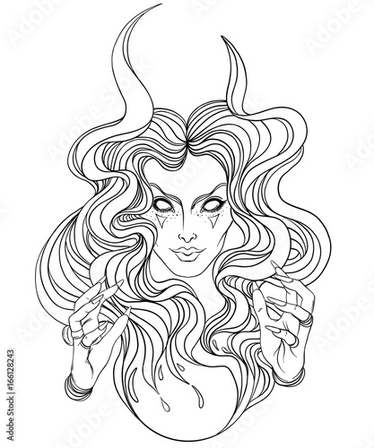 Young beautiful witch. Mystic character. Alchemy, religion, spirituality, occultism, tattoo art. Isolated vector illustration. Halloween concept.