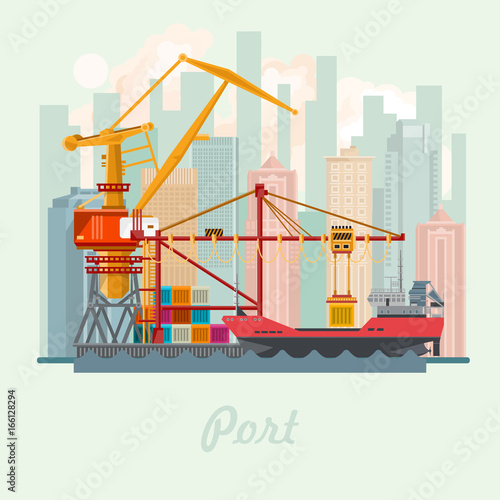 Sea port vector illustration. Urban landscape. Ocean ship. Transportation concept.
