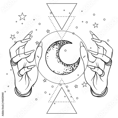 Human hand with space and sacred geometry symbols. Dotwork tattoo flash design. Vector illustration isolated on white. Eye of Providence. Masonic symbol. All seeing eye.