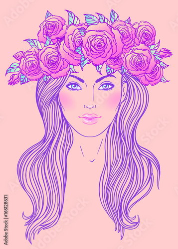 Pretty girl with crown of roses flowers in her hair. Female portrait or summer fairy or nymph. Vector isolated illustration. Fantasy, beauty, boho style.