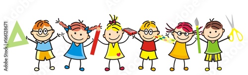 Happy kids and school supplies. Group of girls and boys. Vector icon.