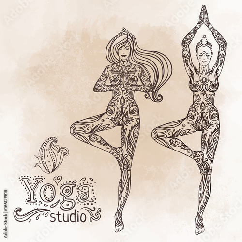 Young pretty girl doing yoga. Vrikshasana: tree posture, Hand drawn vintage vector illustration over sacred geometry background. Mehenidi ornate decorative style. Yoga studio concept.