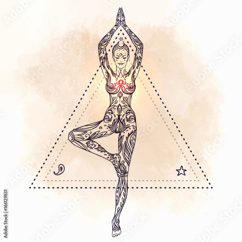Young pretty girl doing yoga. Vrikshasana: tree posture, Hand drawn vintage vector illustration over sacred geometry background. Mehenidi ornate decorative style. Yoga studio concept.