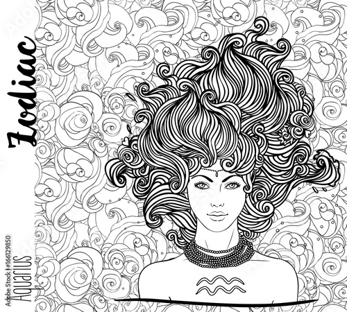 Zodiac: Illustration of Aquarius zodiac sign as a beautiful girl. Vector art with portrait of a pretty girl. Black, white drawing over ornate pattern.