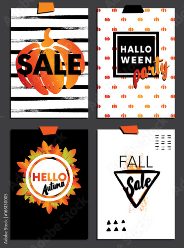 A set of designs for autumn and Halloween postcards. Concept flyers and banners with autumn leaves and pumpkins. Abstract backgrounds. Designs for printing and the Internet.Hello Fall, Sale, Halloween