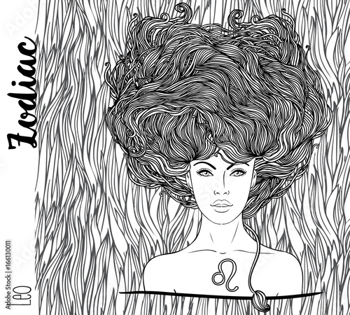 Zodiac: Illustration of Leo zodiac sign as a beautiful girl. Vector art with portrait of a pretty girl. Black, white drawing over ornate pattern. Horoscope coloring book