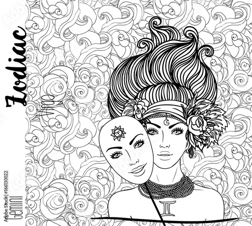 Zodiac: Gemini zodiac sign. Vector illustration with portrait of a pretty girl with a mask. Black, white drawing over ornate pattern. Horoscope coloring book