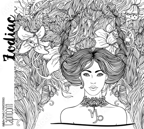 Zodiac: Capricorn sign. Vector illustration with portrait of a pretty girl. Black and white drawing over ornate pattern. Design for horoscope coloring book page