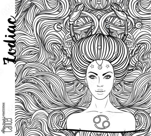 Zodiac: cancer zodiac sign as a beautiful girl. Vector illustration with portrait of a pretty girl. Black, white drawing over ornate pattern. Horoscope coloring book