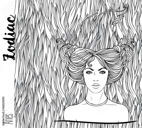 Zodiac: Aries zodiac sign. Vector illustration with portrait of a pretty girl. Black and white drawing over ornate pattern. Design for horoscope coloring book
