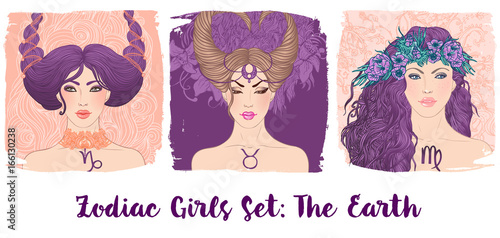 Zodiac girls set: Earth. Vector illustration of Taurus,Capricorn, Virgo astrological signs as a beautiful woman. Future telling, horoscope, alchemy, spirituality