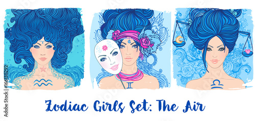 Zodiac girls set: Air. Vector illustration of Aquarius, Gemini, Libra astrological signs as a beautiful woman. Future telling, horoscope, alchemy, spirituality,