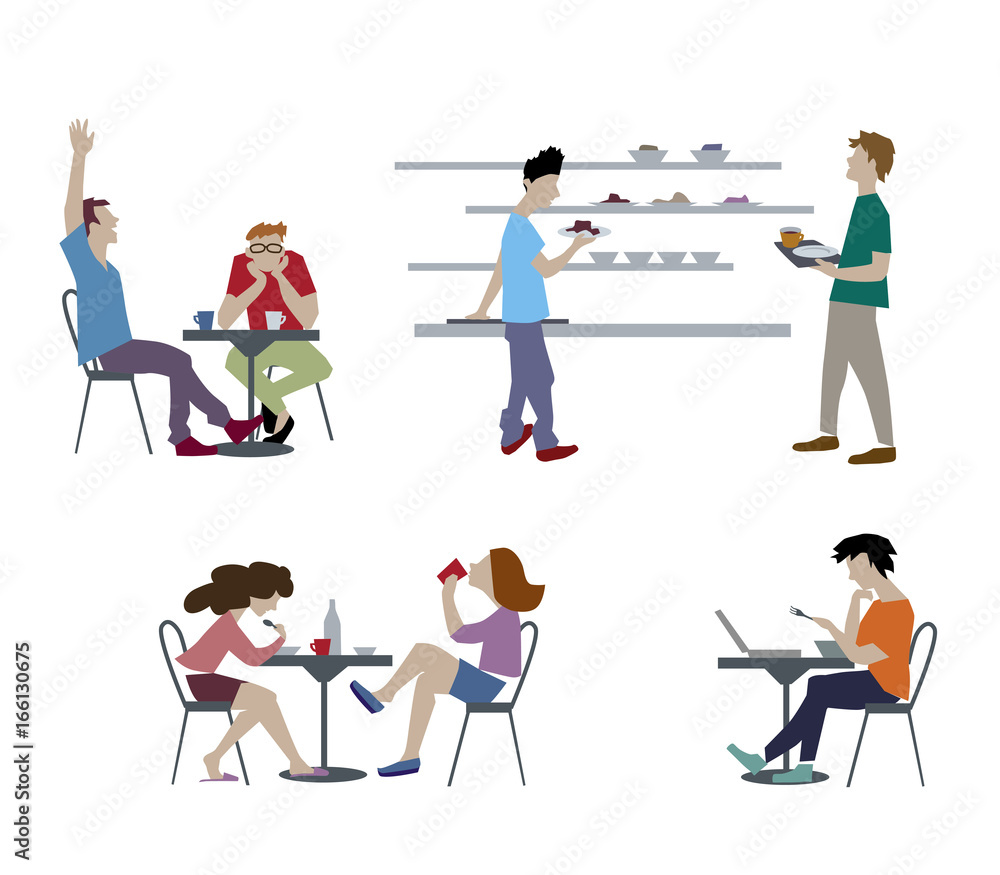 Vector illustration of people in canteen, people eating in the cafeteria. Students characters set in flat design.