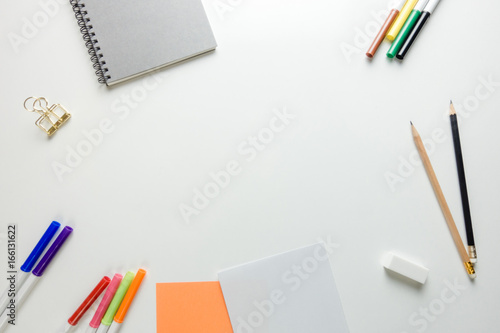 Minimal work space - Creative flat lay photo of workspace desk with sketchbook and wooden pencil on copy space white background. Top view , flat lay photography.