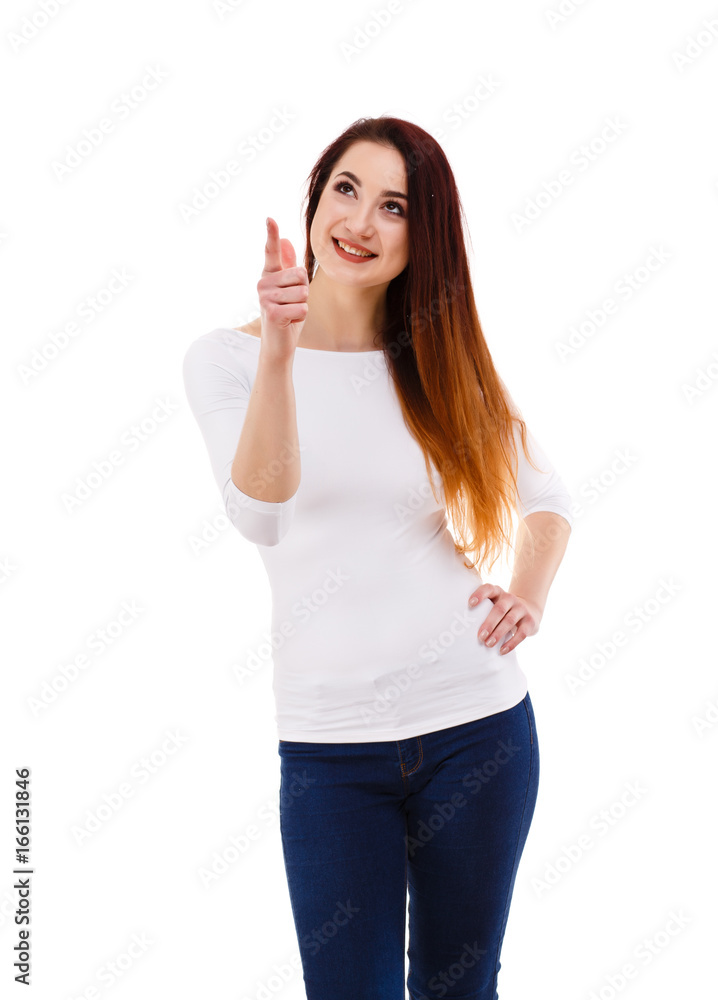 Woman pointing on white background Woman pointing on white background
