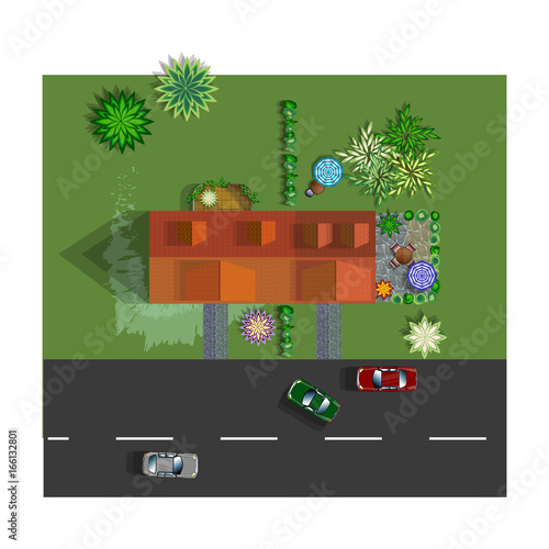 top view on a street with cars and parking. house with balcony, garden and terrace from above