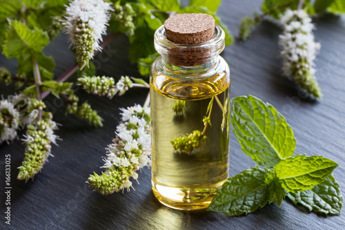 A bottle of peppermint essential oil with peppermint leaves