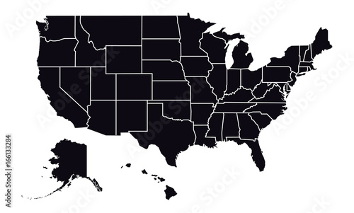 Vector - United States of America Black Silhouette map including State Boundaries