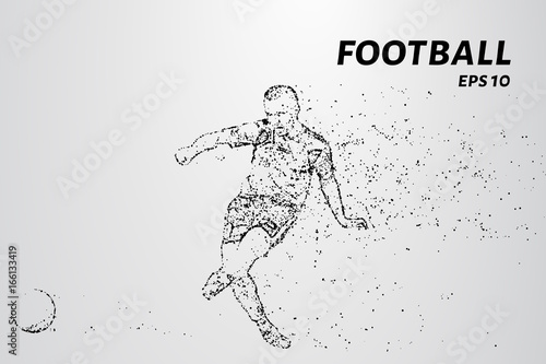A football player consists of points and circles. A soccer player kicks the ball. Vector illustration.