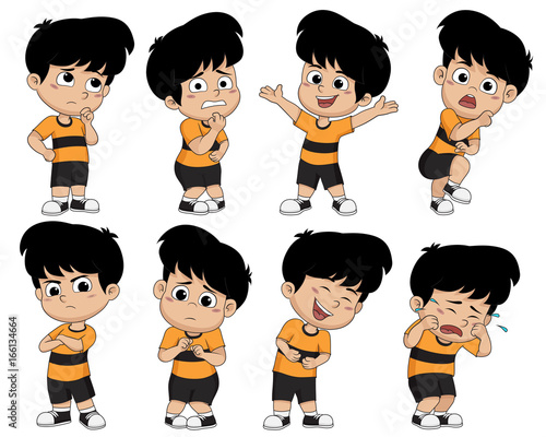 Set of cute boy pose showing different emotions.Basic seven of emotion.Vector and illustration.