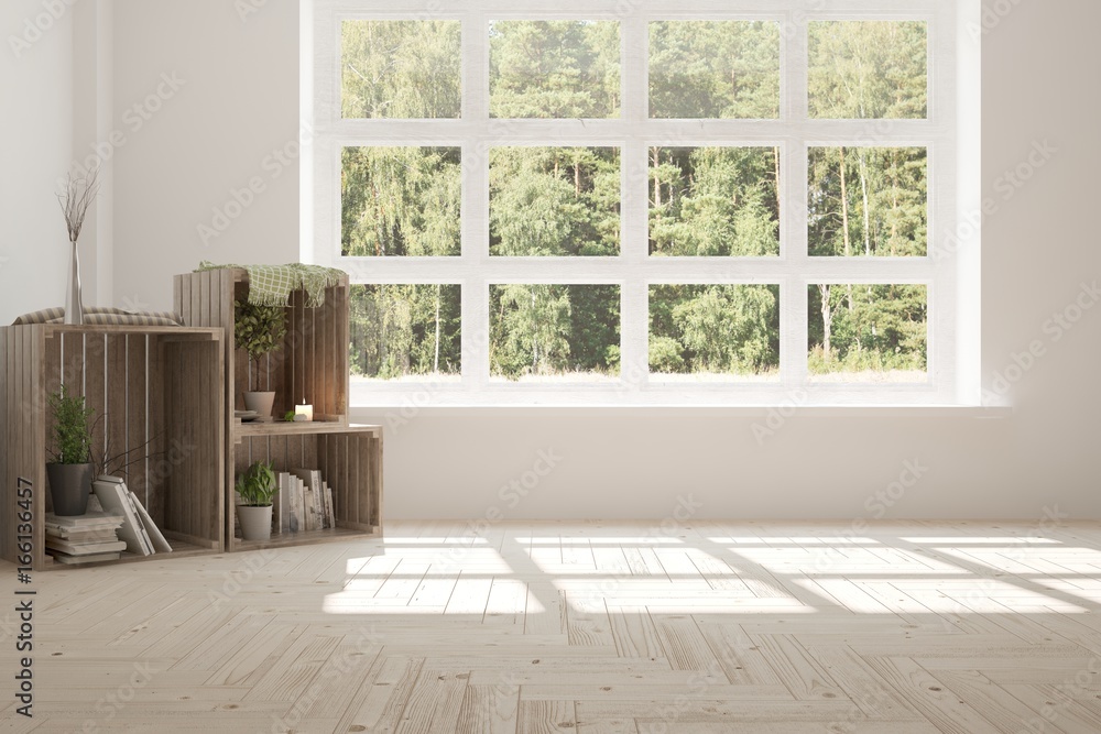 White room with wooden shelf and summer landscape in window. Scandinavian interior design. 3D illustration White room with wooden shelf and summer landscape in window. Scandinavian interior design. 3D illustration