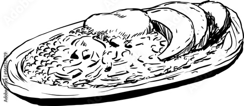 Outlined entree with avocados and cheese illustration