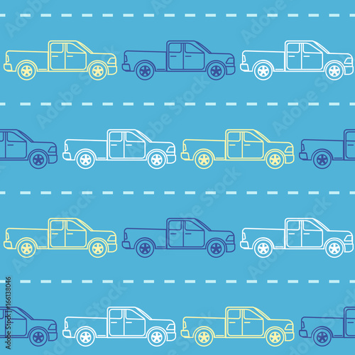Striped seamless pattern with pickup trucks on blue background. Contour colorful cars on the road.