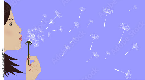 Girl blowing on dandelion, vector illustration